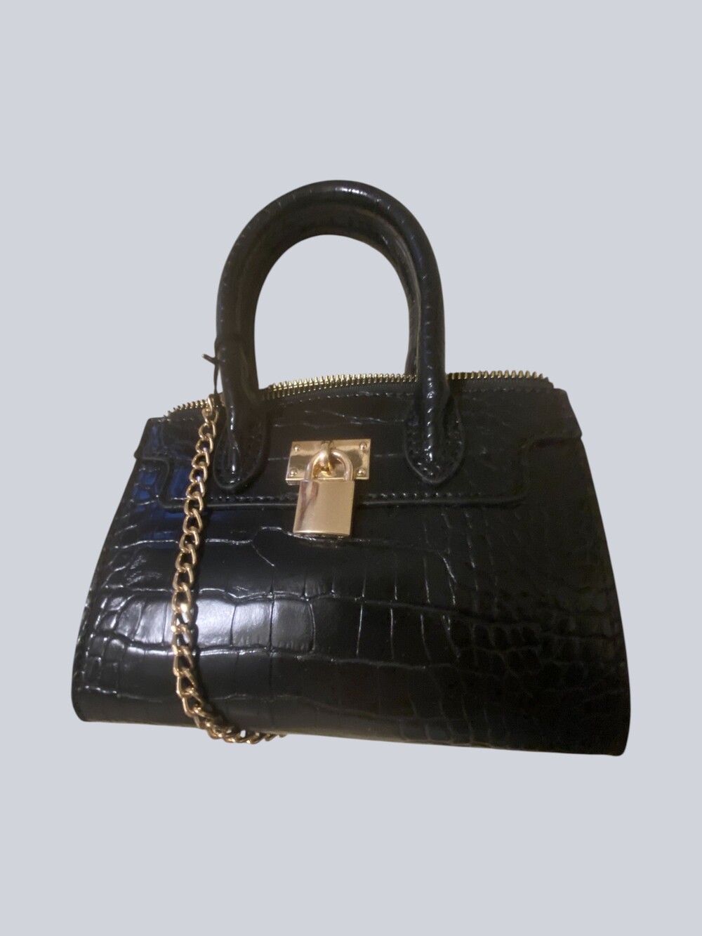 Emperia Black Croc Vegan Embossed Leather Handbag with Gold Chain Strap